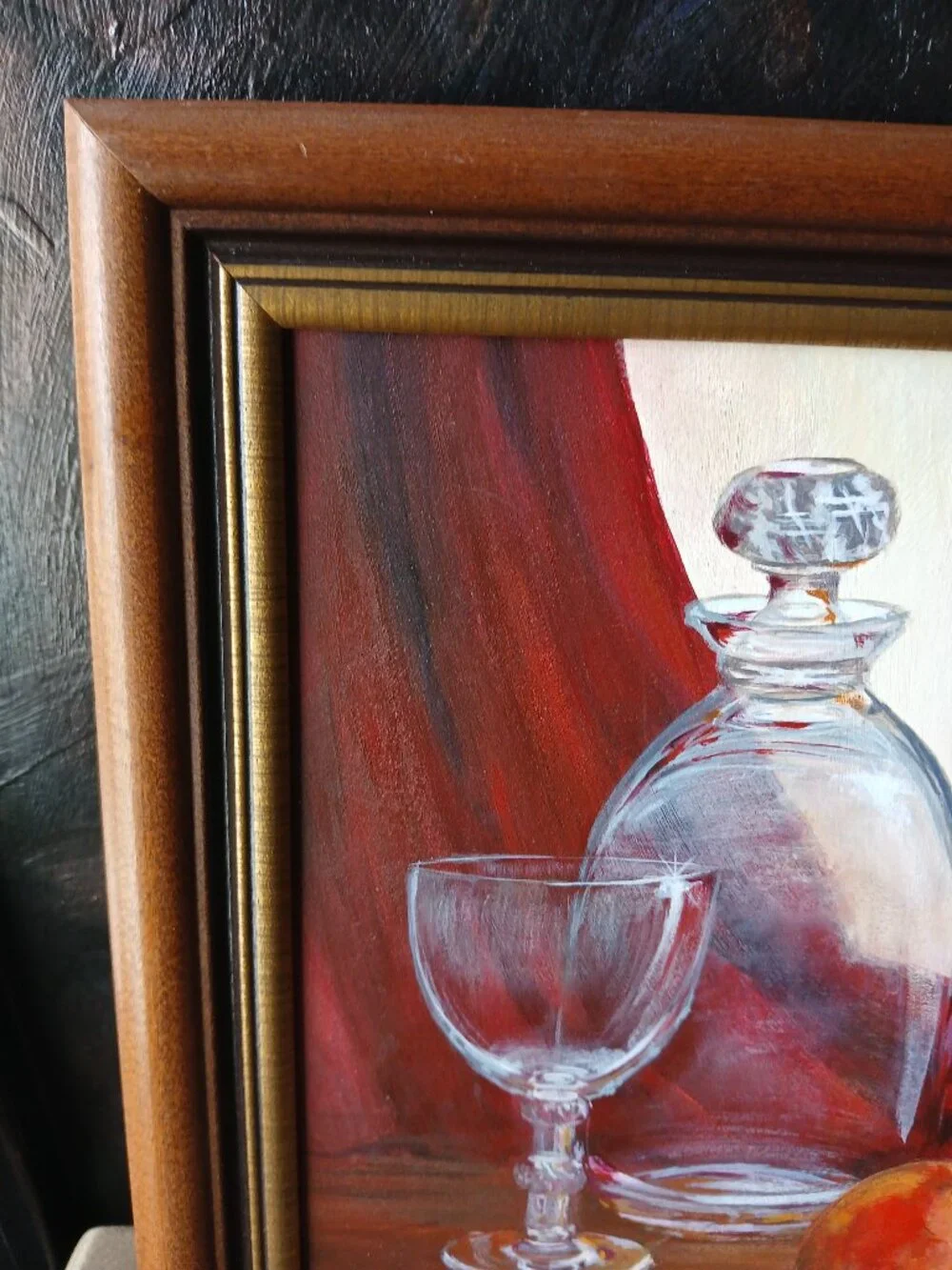 Vintage Still Life Oil Painting, Glass Decanter with Peach, BarCore